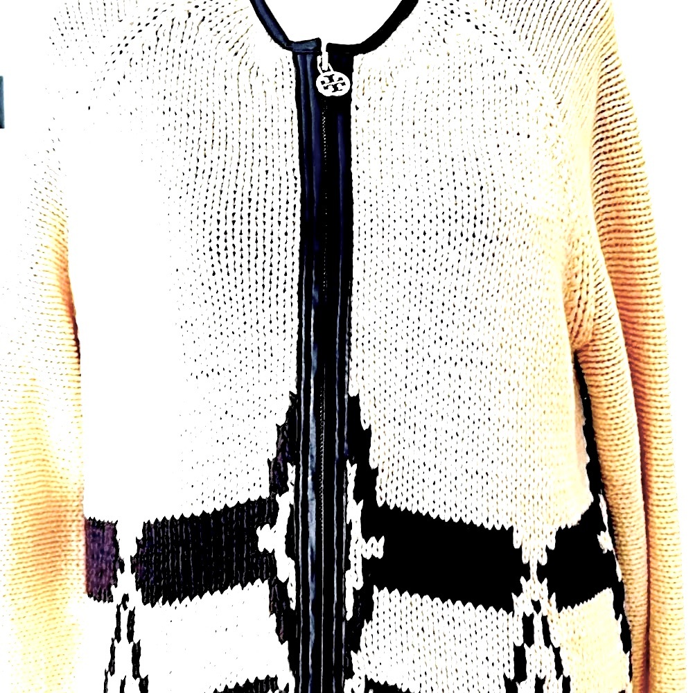 🔥Like New Knit/Leather Trimmed Sweater Coat Tory BURCH Coat